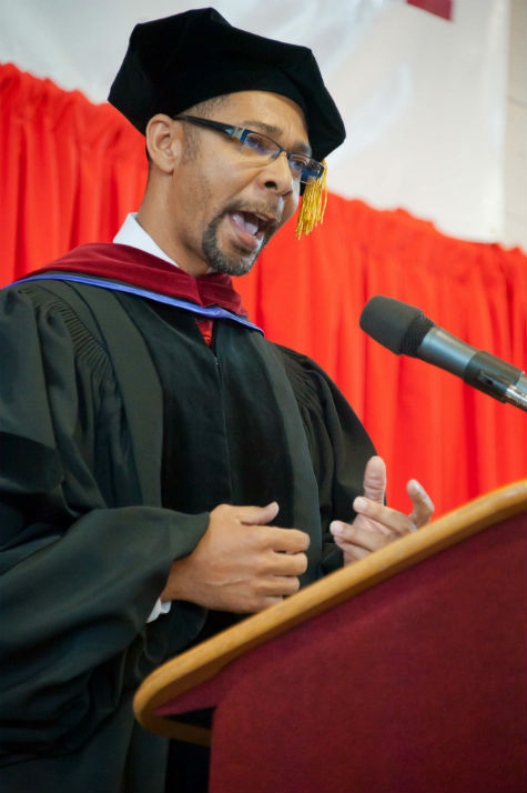Dr. Lamont Smith offers Trinity Valley Community College graduates a few pieces of advice during commencement. The college celebrated the end of the semester last week with three commencement ceremonies. (JENNIFER HANNIGAN PHOTO/COURTESY TVCC)