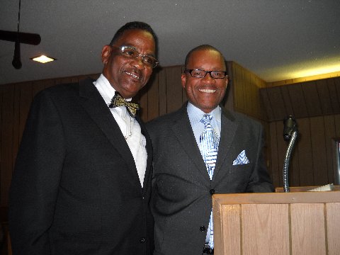 Rev. Ray C. Emanuel, left, and Rev. Ricky Barnes, a descendant of Abe Johnson, enjoy the church services.