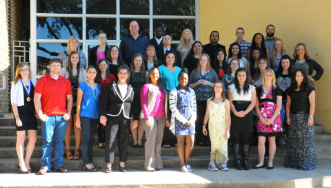 Pictured (front row, from left) is Ashley Hall, visiting speaker and Texas Phi Theta Kappa District 3 Vice President; Ryan Hopper, Iota Alpha Chapter Co-President and Vice President for Leadership; Azsia Hearn, Co-President and Vice President for Communications; Jacqueline Latko, Historian; Jessica Schaefer, Vice President for Service; and Allyson Brag, Vice President for Fellowship. New inductees are (front row, seventh from right) Jori Risner, Athens; Carson Sikes, Athens; Kaylee Nicholson, Athens; Angel Miles, Beaumont; (second row, from left) Katy Lunceford, Athens; Toree Scott, Athens; Kaitlin Samples, Malakoff; Brandi Butts, Mabank; Tiffany Wimberly, LaRue; Andrea Wemple, Buffalo; Lisa Helms, Mabank; Ashley Amos, Mabank; (third row, from left) Debbie Russell, Gun Barrel City; Candice Anderson, Canton; Sherry Goodson, Gun Barrel City; Anika Wood, Frankston; Alejandra Campa, Athens; Leslie Hernandez, Athens; Arely Beltran, Athens; Sarah Giles, Tennessee Colony; Chad Head, Athens; Omeko Irigo, Athens; Marissa Gross, Athens; (back row, from left) Davida Valdez, Chandler; Cliffton Rudman, Gun Barrel City; Henry Davis, Denton; Alexandra Parkey, Frisco; Kevin Valencia, Dallas; Robert Parker, Ben Wheeler; and David McCulloch, Corsicana. Not pictured is Claudio Rizzi, Castellana Grotte, Italy.
