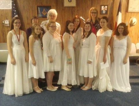 Pictured are, from left, Katie Schaefer, Mrs. Donna Dean (Grand Deputy), Samantha Ramos, Mrs. Rosalie Randall (Worthy Matron, GBC #1114, OES), Michelle Sanderford, Kayla Rife, Shelby McGallian, Tara Trimmins, Kayla Glidewell (Past Grand Service), Lyndey Rushton (Grand Rep. to New Jersey, New York), and Alexis Rushton.