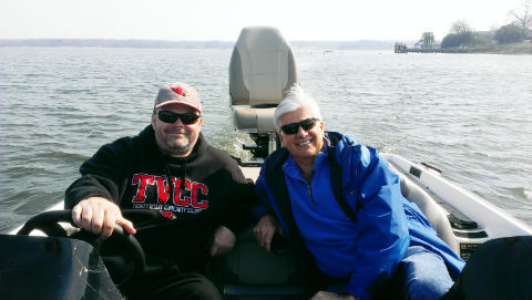 TVCC administrative computing employee Jason Hanson (left) took Fox 4 reporter and Lone Star Adventures host Richard Ray out in his boat on Lake Athens this week. Hanson recently caught a 13.78-pound largemouth bass on Lake Athens, missing the lake record by less than one pound.