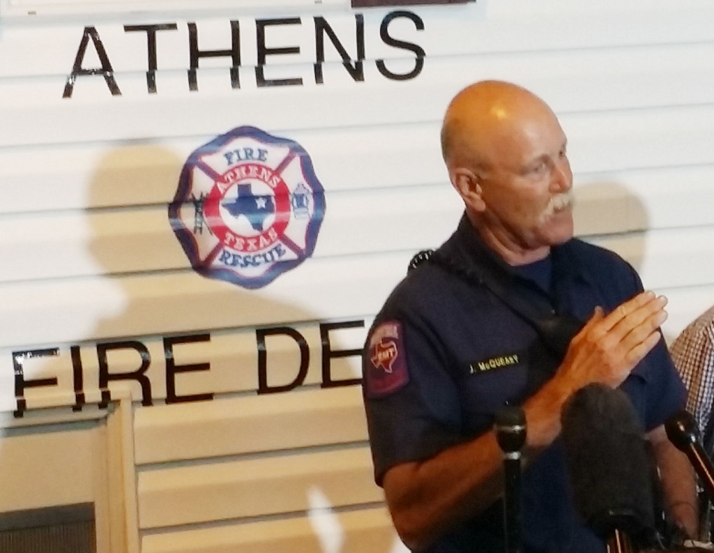 FILE PHOTO: Athens Fire Chief John McQueary speaks at a press conference the night of the Ag Services fertilizer fire, May 29, 2014.