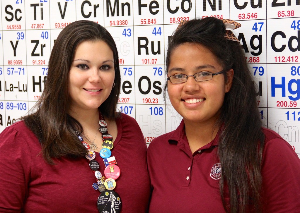 Athens High School teacher Jessica Hemann, left, was named an ‘Educator of Distinction’ after being nominated by her former student, Eloisa Peredia. (Toni Garrard Clay/AISD)