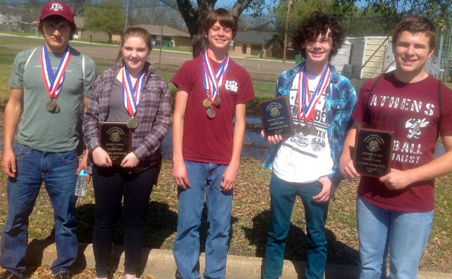 The Athens Hornets math team equalled excellence at the UIL district meet Tuesday. Members are (from left) Walt Mahmoud, Mollie Davies, Jonathan Bywaters, Eli McCool and Jacob Moore.