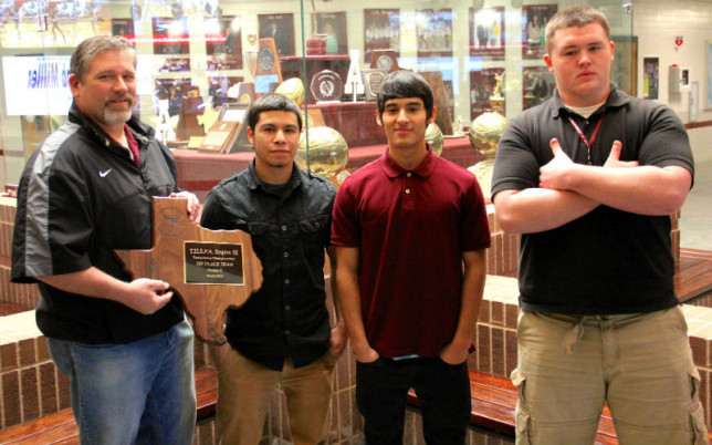 Athens High School won the regional powerlifting meet in Rusk Thursday. Pictured (from left) are Powerlifting Coach Craig Brown, state qualifier Jose Rodriguez, state qualifier Omar Hernandez and state alternate Chad Walker. (Toni Garrard Clay/AISD)