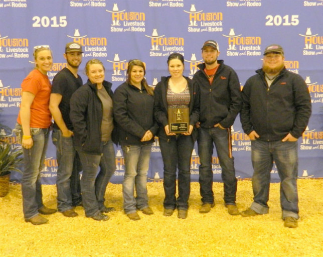 The Beef Cattle Show Team at Trinity Valley Community College claimed the Good Herdsman Award in the Charolais Division at the recent Houston Livestock Show. Team members are (from left) Lindsey Bever,  Cally Cox, Paige Rushing, Jennifer Jones, Karissa Gant (captain), Taylor Davis and Jake Boyd. Not pictured is Kennedy .