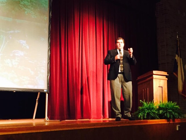 Kyle Henderson speaks at the Athens ISD convocation Monday, Aug. 17. (Photo from Athens ISD Facebook page)