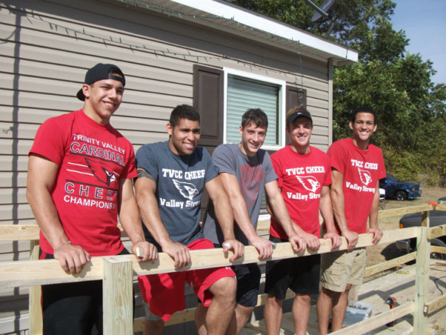 TVCC Cheer team: Malachi Edward, Torrey Ollison, Zachary Neal, Keegan Schaar and Matthew Torres.