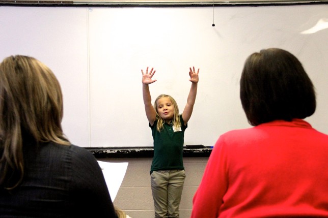 Bel Air Elementary second-grader Chloe Gore competes in the storytelling event at Wednesday’s citywide elementary UIL meet.