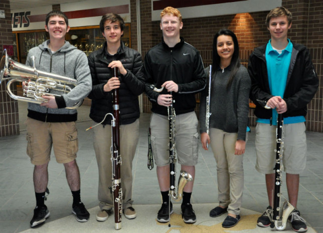 Five members of the Athens High School band were chosen as alternates to state at Saturday’s UIL Area Competition. They are (from left) junior Kolemann Dooley, senior Ben van der Colff, junior Jacob Ickes, freshman Allison Martinez and junior Brian Lookabaugh. (Toni Garrard Clay/AISD)