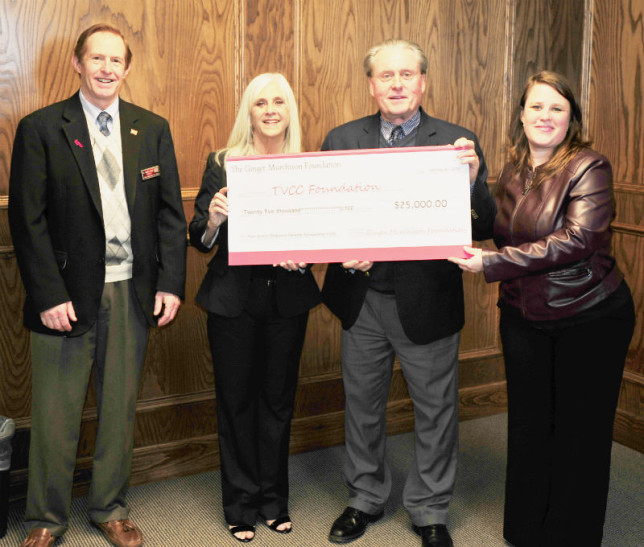 Former Athens City Administrator Pam Burton, second from left, displays a check from the Ginger Murchison Foundation instituting the scholarship in her name. Pictured with her, from left are TVCC President Dr. Glendon Forgey, TVCC Vice President of Instruction and former Athens Mayor Dr. Jerry King and Vice President of Institutional Advancement/TVCC Foundation Director Kristen Bennett. 