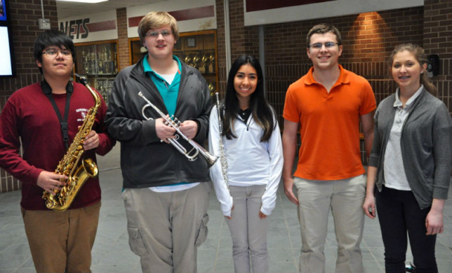 Five Athens High School students received all-state honors Saturday at UIL Area Competition. In band, they are (from left) senior Gerardo Godinez, junior Russell Ingram and freshman Yuvia Leon. And in choir, they are (continuing from left) sophomores Jacob Moore and Bethany Oglesby. (Toni Garrard Clay/AISD)