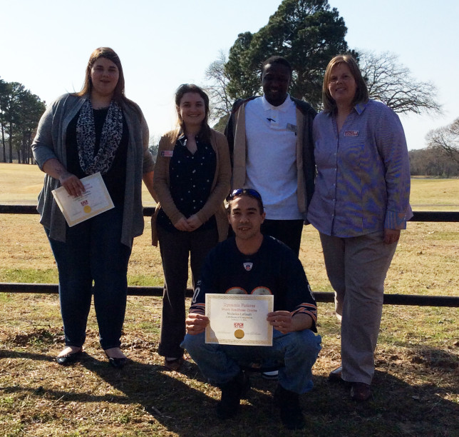 Dynamic Futures students Cheyenne Holmes, left, and Nicholas LeGault, front, display certificates of completion with Natalie Brown, TVCC Adult Education and Learning (AEL) Transition Coordinator, workforce case manager Kristopher Parkes and TVCC AEL Program Manager Whitney Hughes. (Courtesy photo)