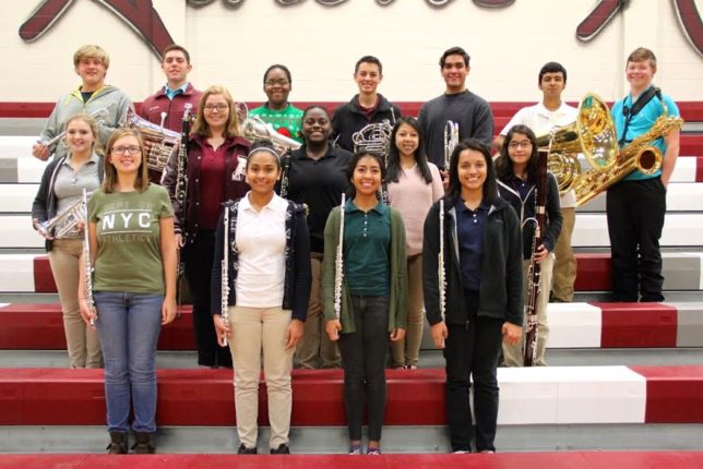 Members of the Athens High School band who qualified for the All-Region Band are (top row, from left) Russell Ingram, Kolemann Dooley, Richard Craig, Matthew Hernandez Alan Platt, Elian Cordero, Bryce Bowman, (middle row, from left) Mollie Davies, Leslie Alsobrook, Vernice Williams, Kelsey Torres, Ale Pedroza, (front row, from left) Caity Pace, Brenda Ruvalcaba, Yuvia Leon and Allison Martinez. (Toni Garrard Clay/AISD)