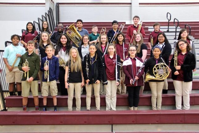 Members of the Athens Middle School band who qualified for the All-Region Band are (top row, from left) Flower Lopez, Madison Hull, Shari Friendly, Gustavo Rodriguez, Jason Stewart, Angel Torres, Cameron Tidmore, Will Mathews (middle row, from left) Jaylen Davis, Jeana Bonnette, Lizbeth Casio, Haley Hembree, Madison Westover, Sarah Campa, Madison Rhodes, Katherine Romero, Sabrina Becker (bottom row, from left), Caleb Clemmons, Logan Warnock, Kaylee Passons, Heidi Holyfield, Annabelle Passons, Ellissa Comeaux, Angeline Gutierrez and Daniela Becker. (Toni Garrard Clay)